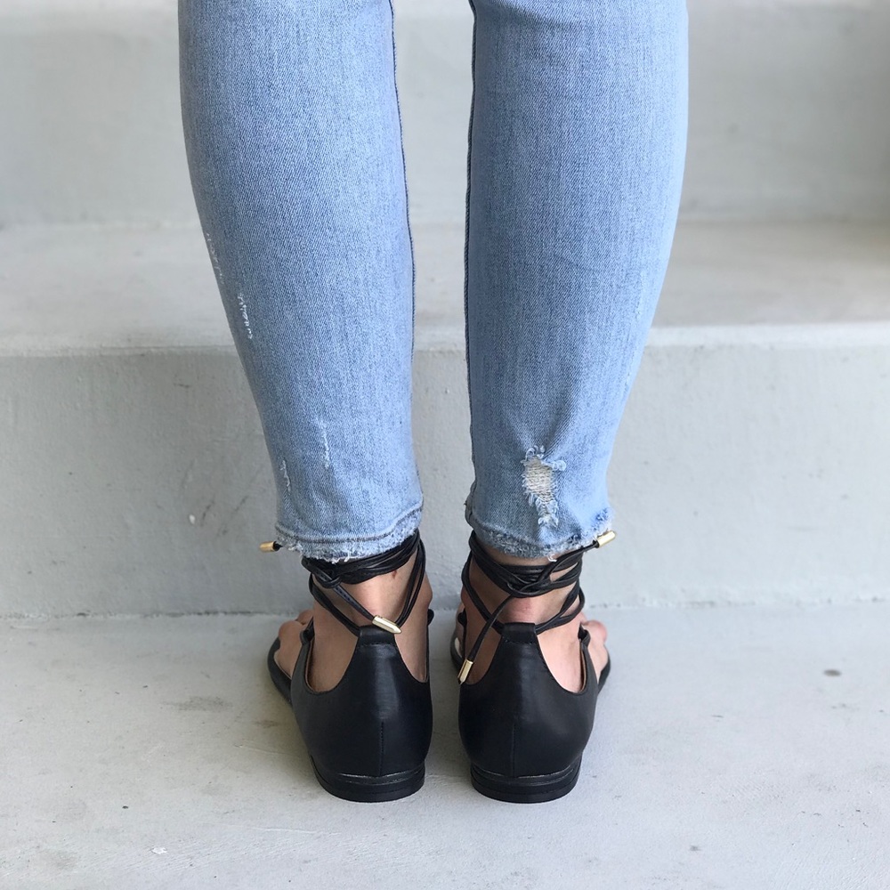 Black Gladiator Lace Up Gold Hardware Flat Sandals - Picture 3 of 7